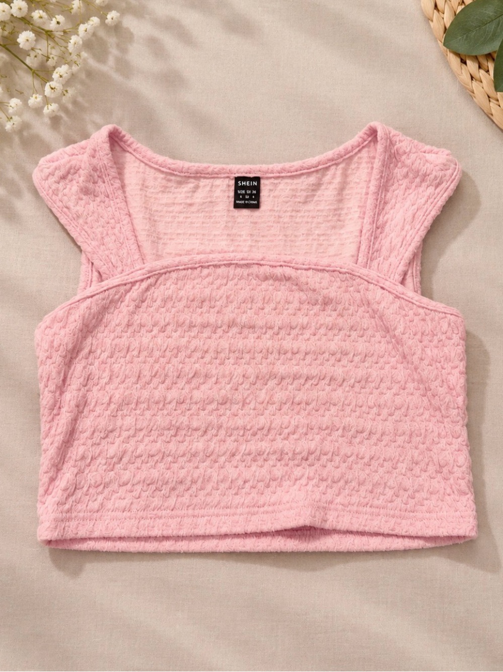 SHEIN Baby Pink Textured Square-Neck Crop Tank